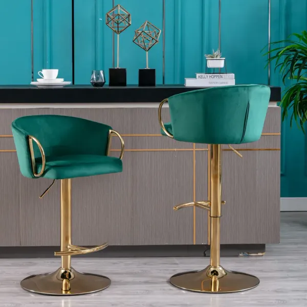 Set of 2 Bar Stools, with Chrome Footrest and Base Swivel Height Adjustable Mechanical Lifting Velvet + Golden Leg Simple Bar Stool-Green