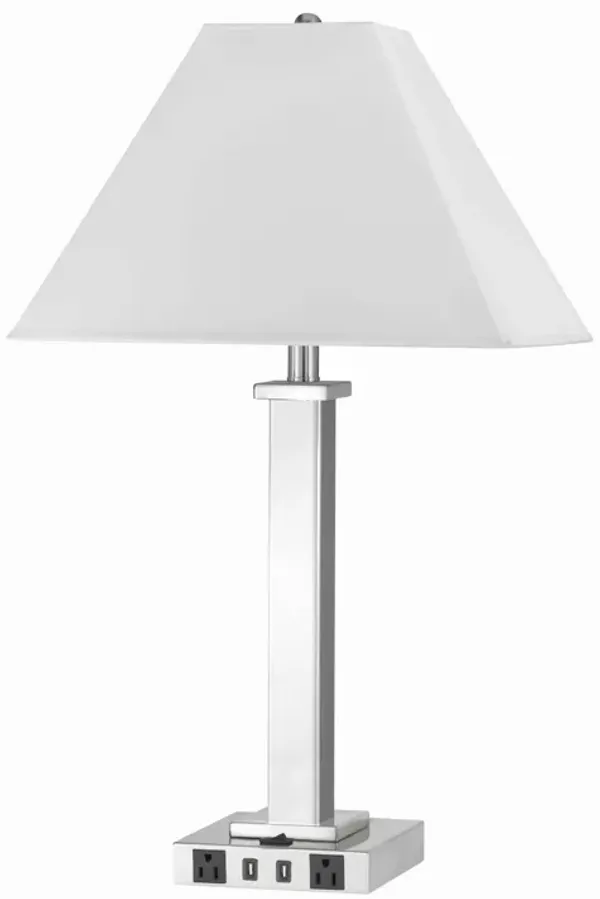 Trapezoid Shade Table Lamp with Metal Base and 2 USB Ports,White and Chrome-Benzara