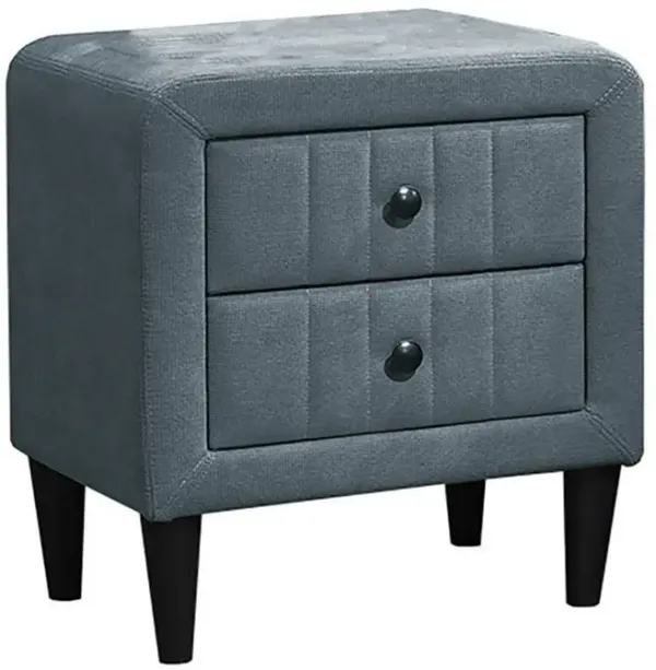 Rheo Nightstand, 2 Drawer, 22 Inch Slate Gray Brushed Linen Upholstery - Benzara