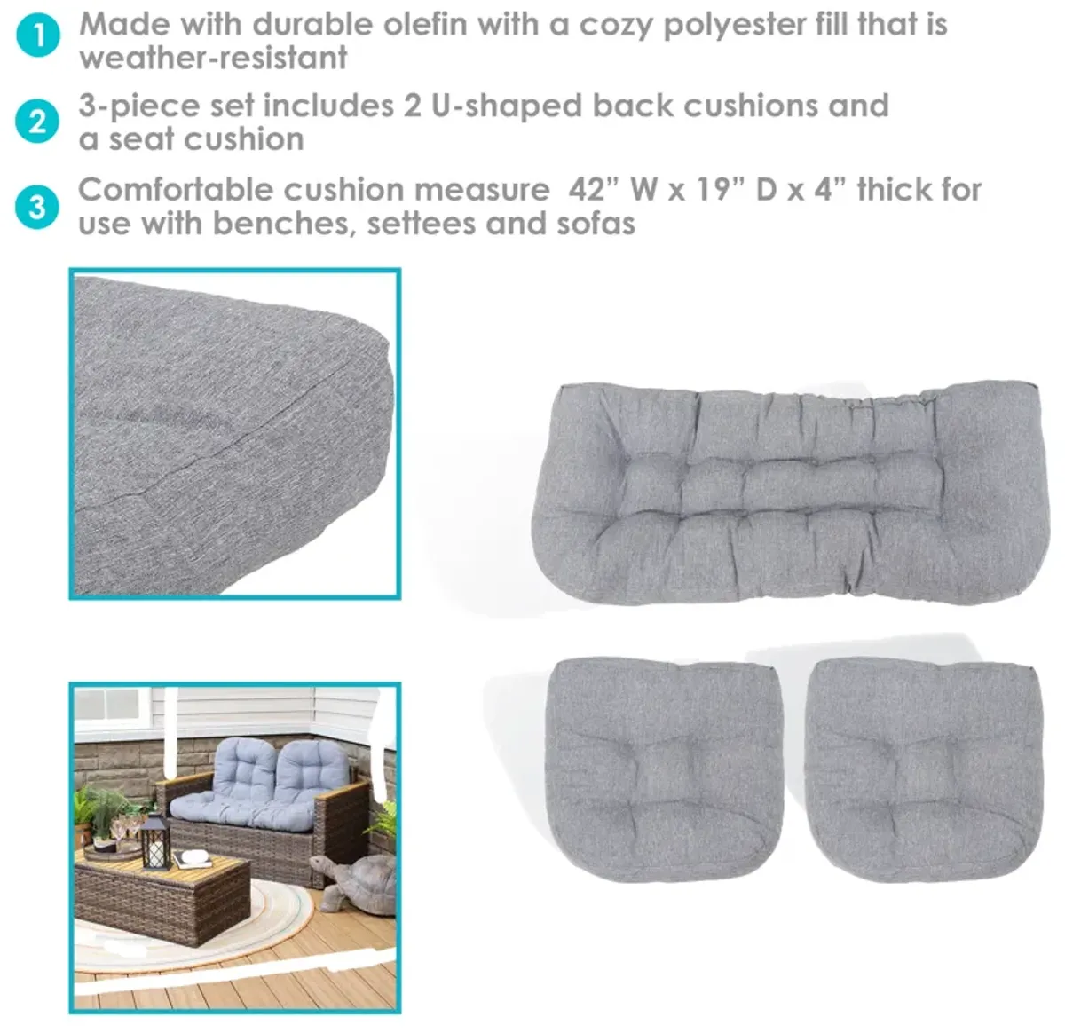 Sunnydaze Indoor/Outdoor Olefin 3-Piece Tufted Settee Cushion Set