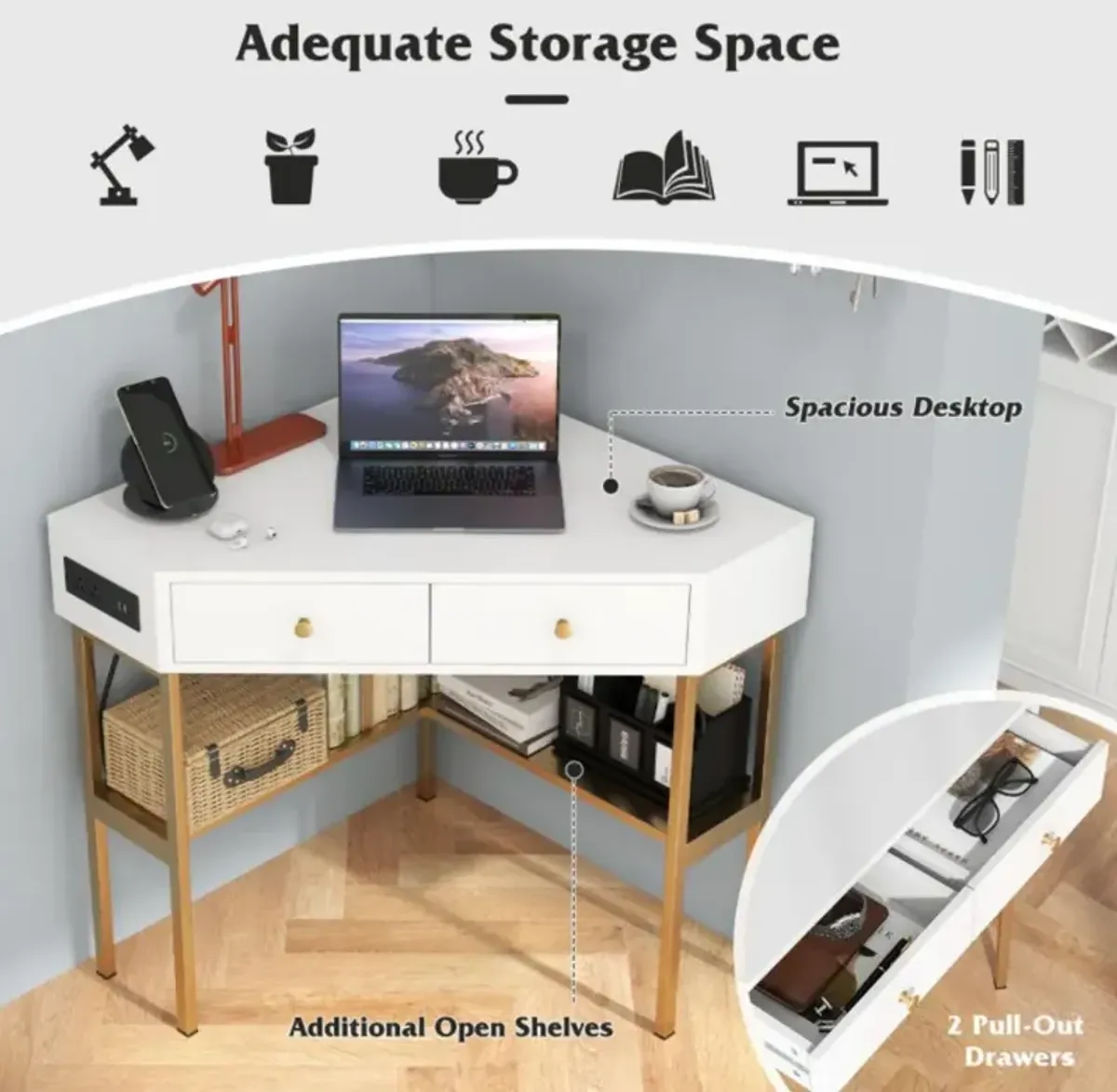 Hivvago Triangle Corner Desk with Charging Station with 2 Drawers and Storage Shelf