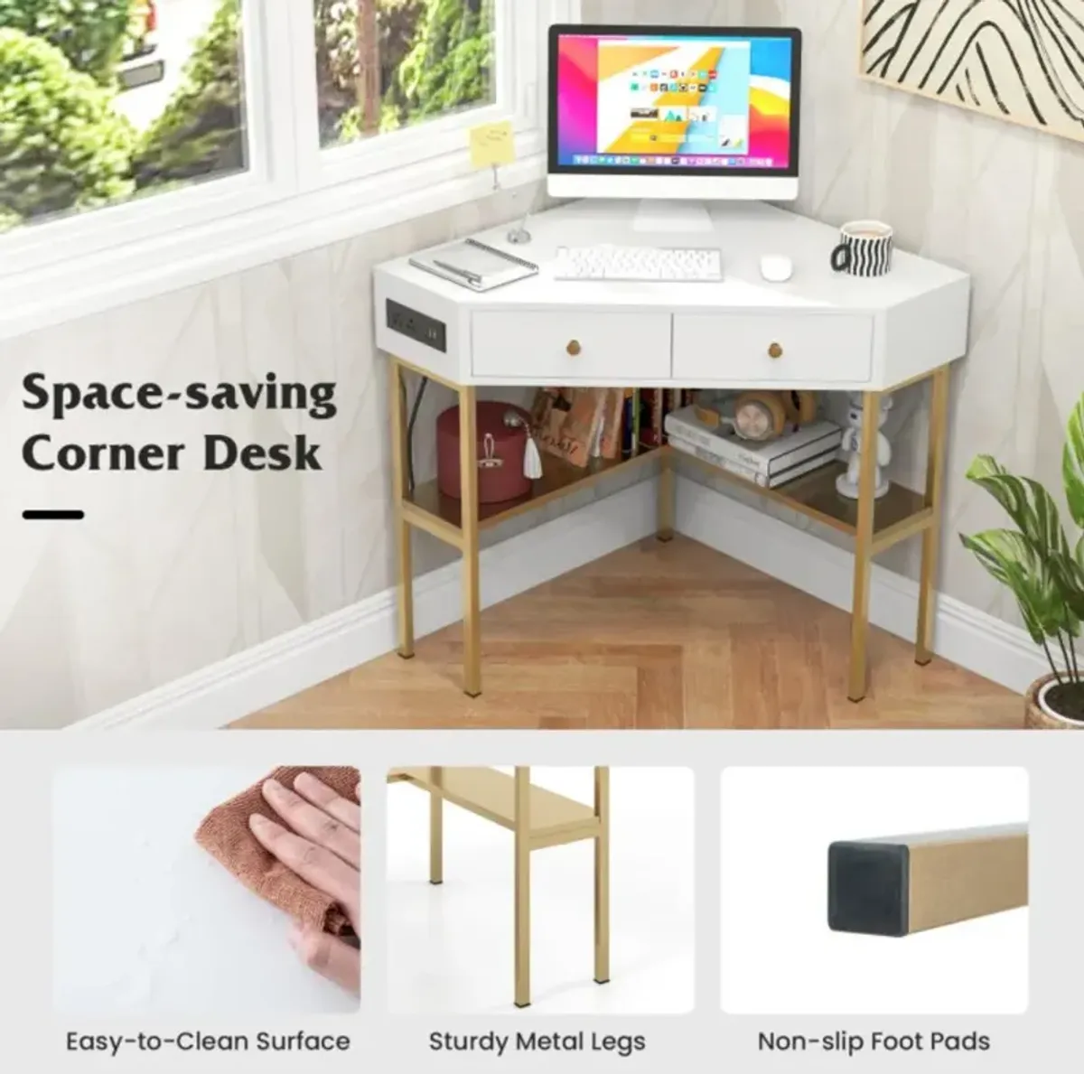 Hivvago Triangle Corner Desk with Charging Station with 2 Drawers and Storage Shelf