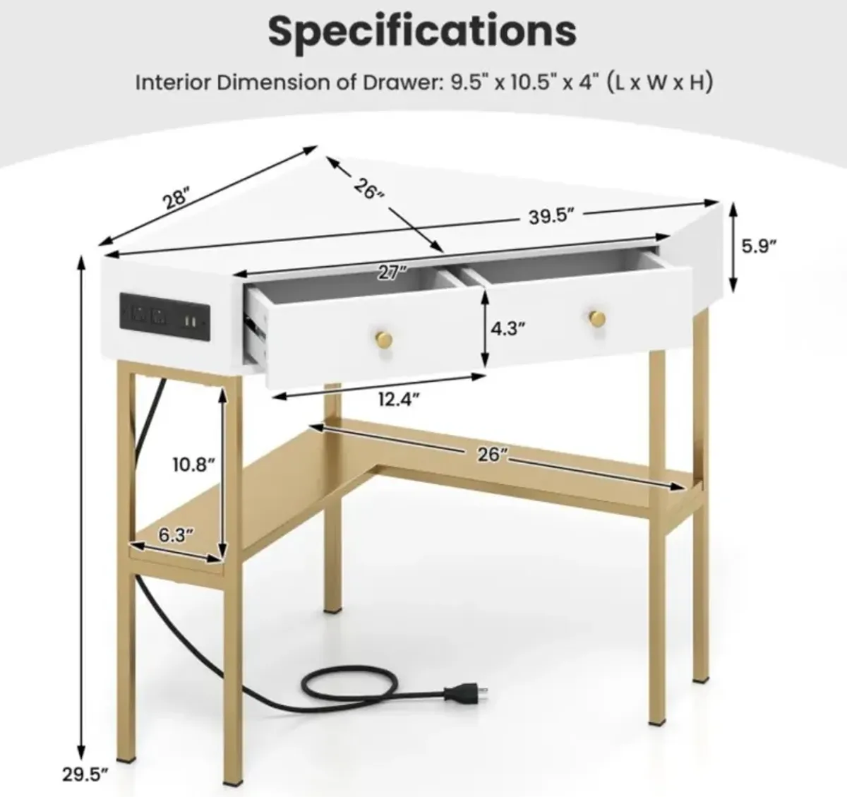 Hivvago Triangle Corner Desk with Charging Station with 2 Drawers and Storage Shelf