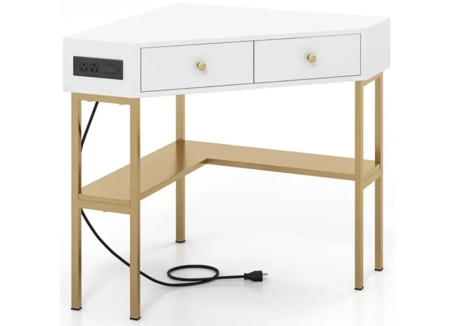 Hivvago Triangle Corner Desk with Charging Station with 2 Drawers and Storage Shelf