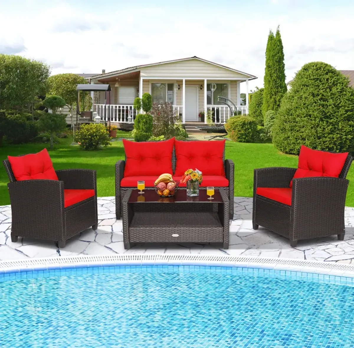 4 Pieces Outdoor Rattan Armrest Furniture Set Table with Lower Shelf