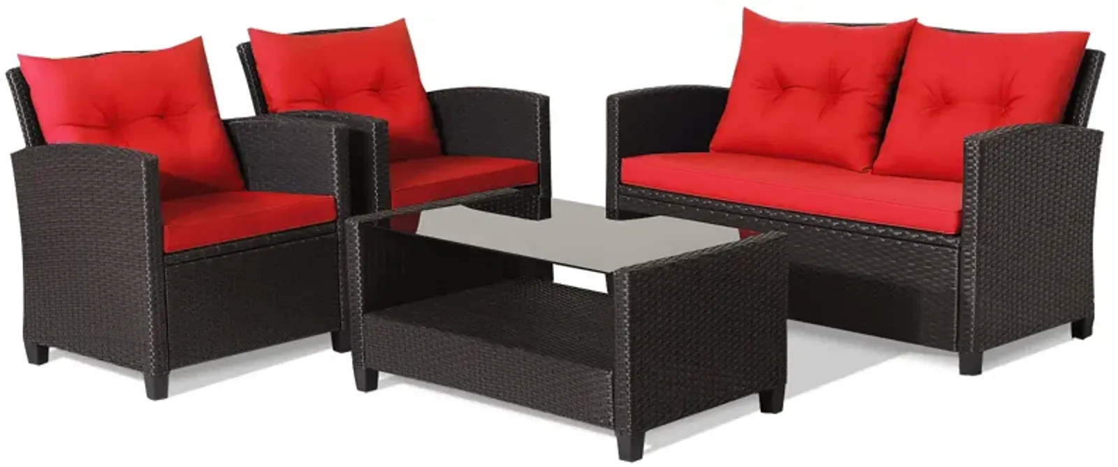 4 Pieces Outdoor Rattan Armrest Furniture Set Table with Lower Shelf