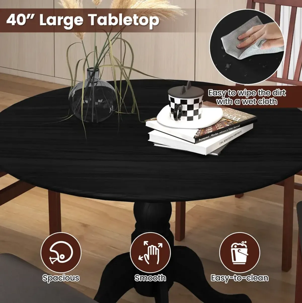 Wooden Dining Table with Round Tabletop and Curved Trestle Legs