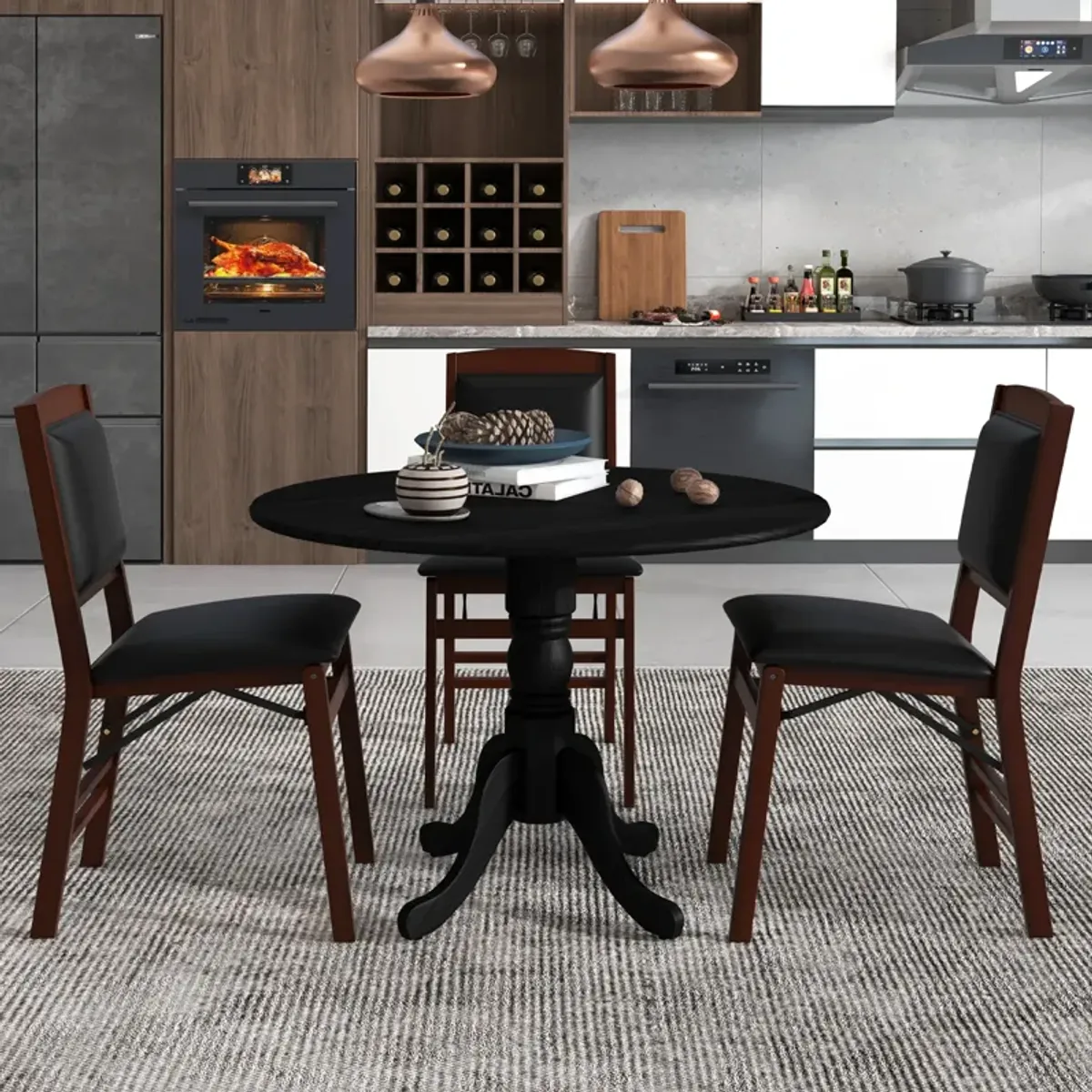 Wooden Dining Table with Round Tabletop and Curved Trestle Legs