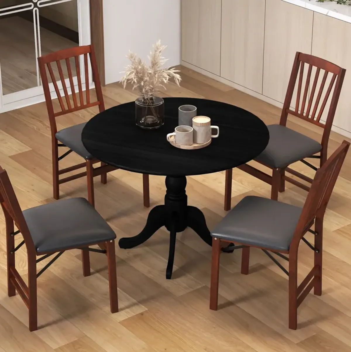 Wooden Dining Table with Round Tabletop and Curved Trestle Legs