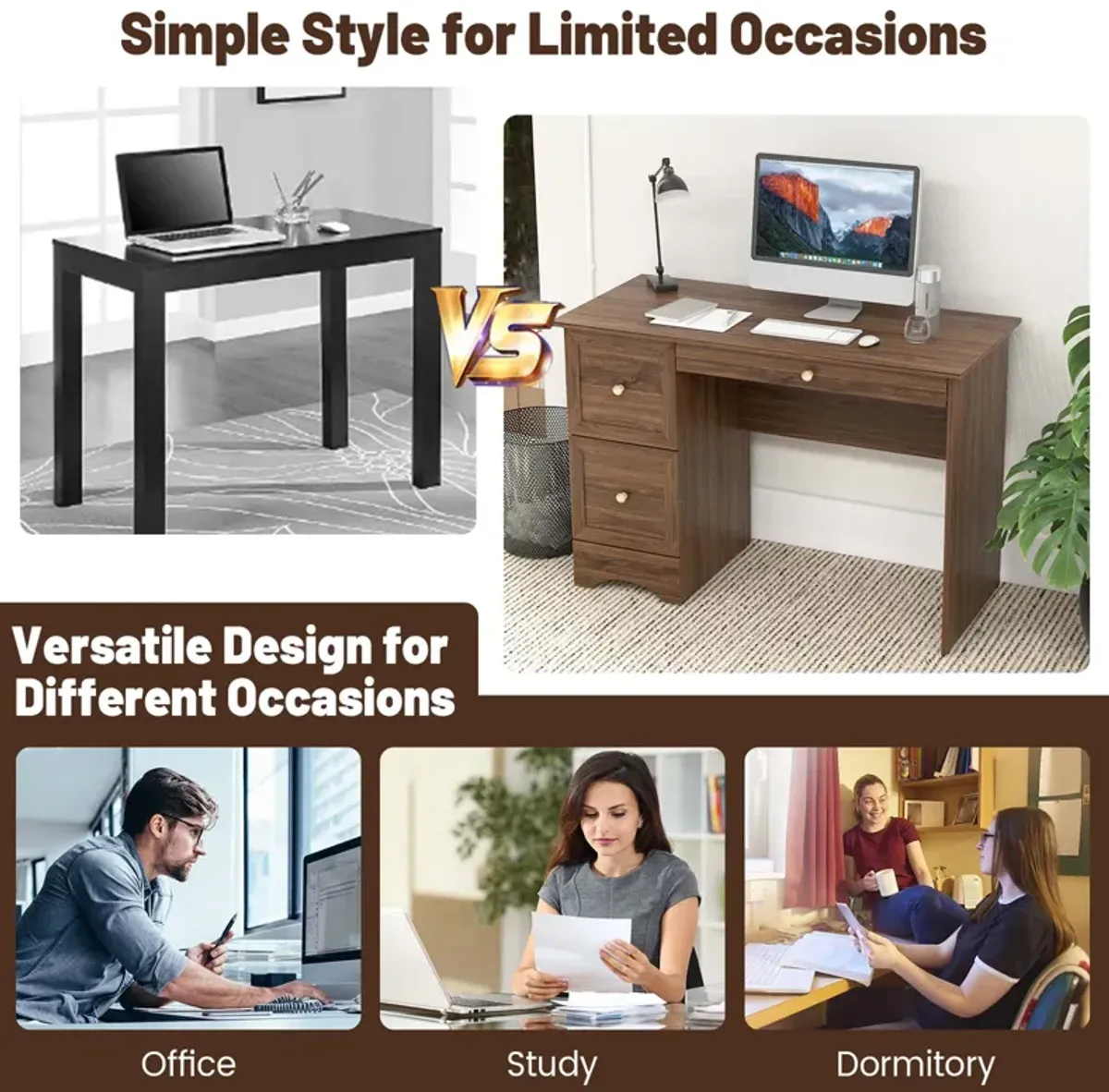 Costway Vintage Computer Desk Home Office Study Table Spacious Workstation with 3 Drawers Brown