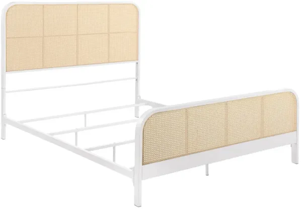 Lanie Queen Bed with Brown Open Cane Webbing Faux Rattan, White Metal  - Benzara