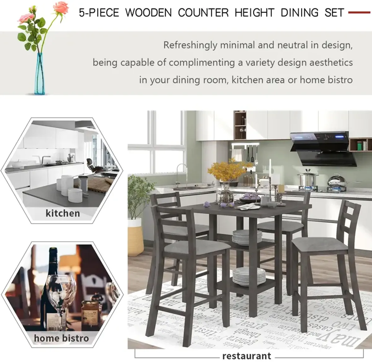 Merax 5-Piece Wooden Counter Height Dining Set with Padded Chairs and Storage Shelving