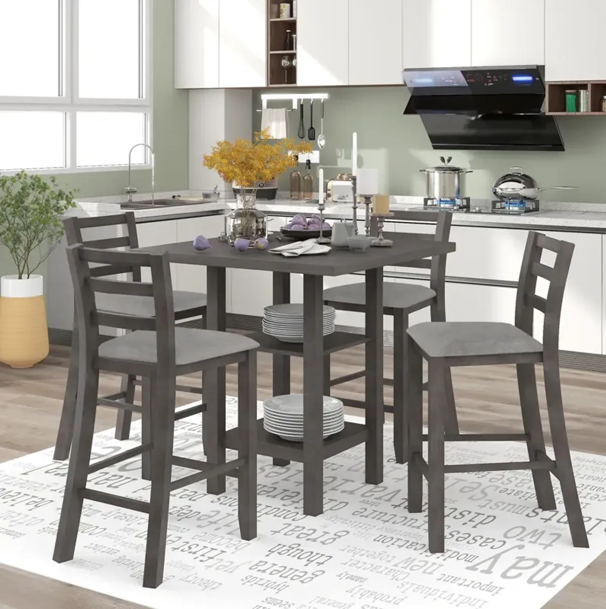 Merax 5-Piece Wooden Counter Height Dining Set with Padded Chairs and Storage Shelving