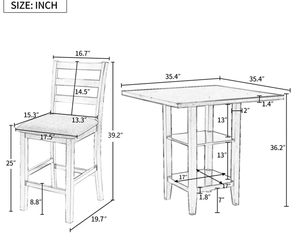 Merax 5-Piece Wooden Counter Height Dining Set with Padded Chairs and Storage Shelving