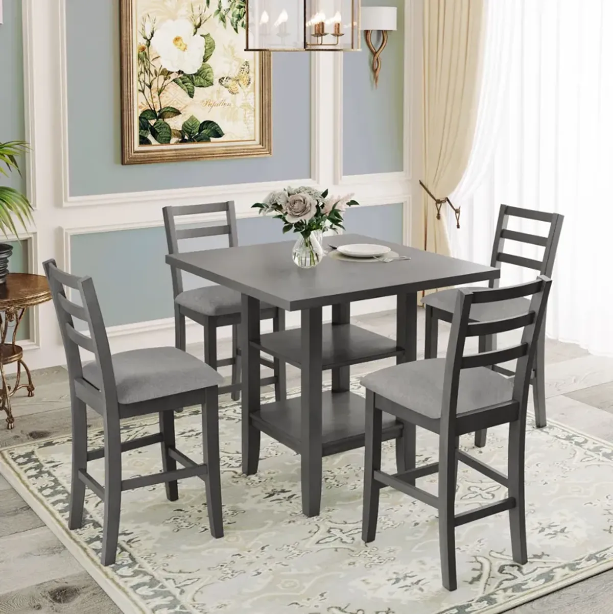 Merax 5-Piece Wooden Counter Height Dining Set with Padded Chairs and Storage Shelving