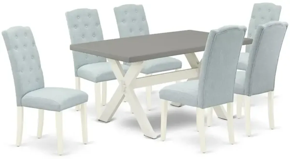 East West Furniture 7-Piece Modern Dining Set- 6 Upholstered Dining Chairs with Baby Blue Linen Fabric Seat and Button Tufted Chair Back - Rectangular Table Top & Wooden Cross Legs - Cement and Linen