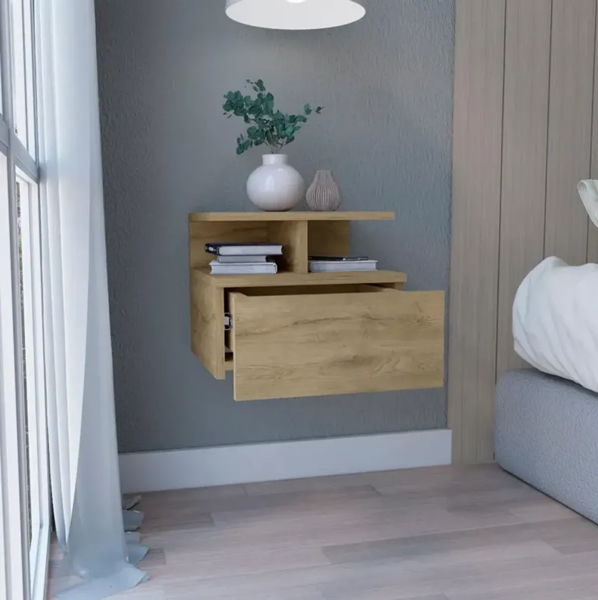 Nightstand, Wall Mounted with Single Drawer and 2-Tier Shelf, Macadamia