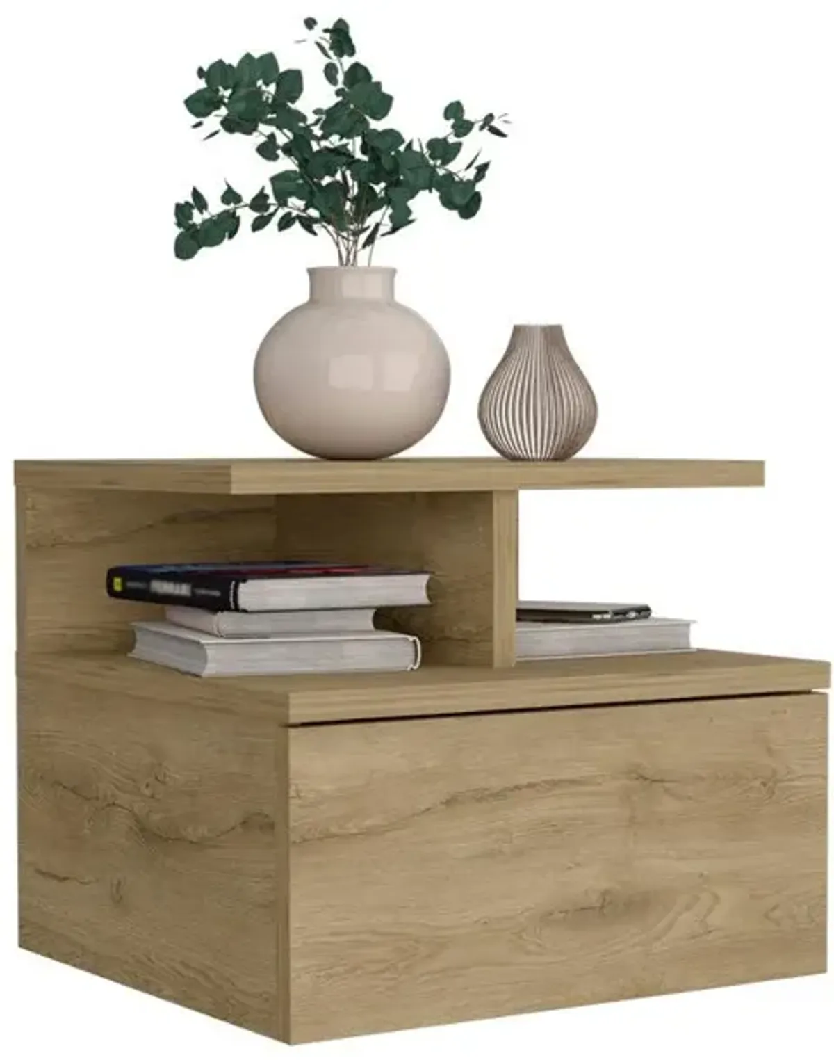 Nightstand, Wall Mounted with Single Drawer and 2-Tier Shelf, Macadamia