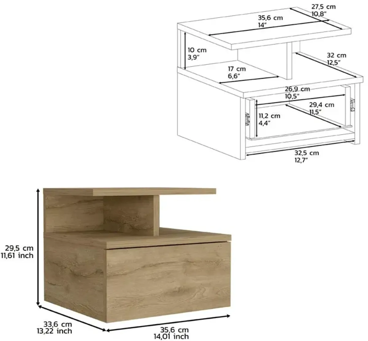 Nightstand, Wall Mounted with Single Drawer and 2-Tier Shelf, Macadamia