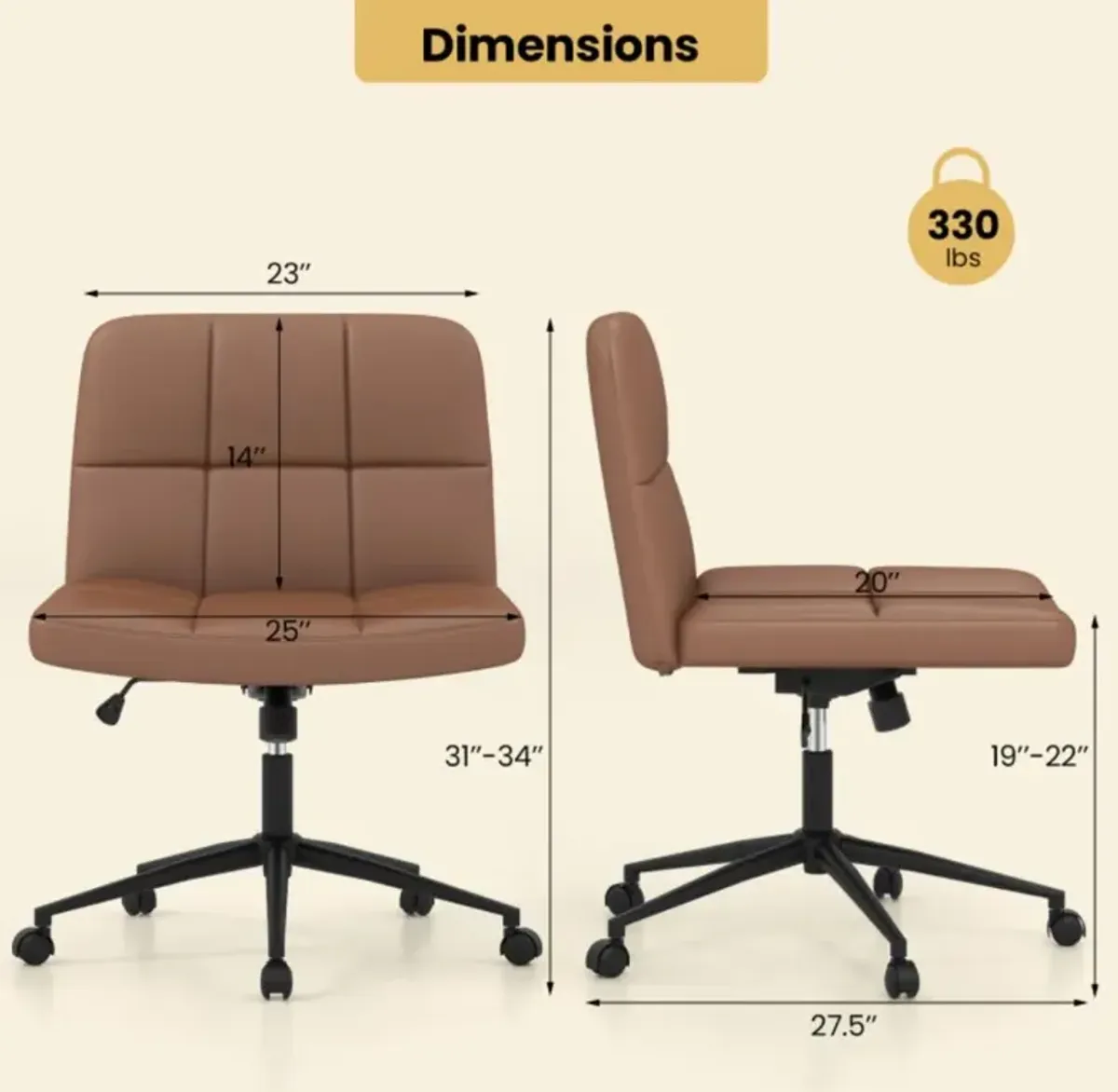 Height-Adjustable Armless Desk Chair with Wheels for Home Office or Vanity