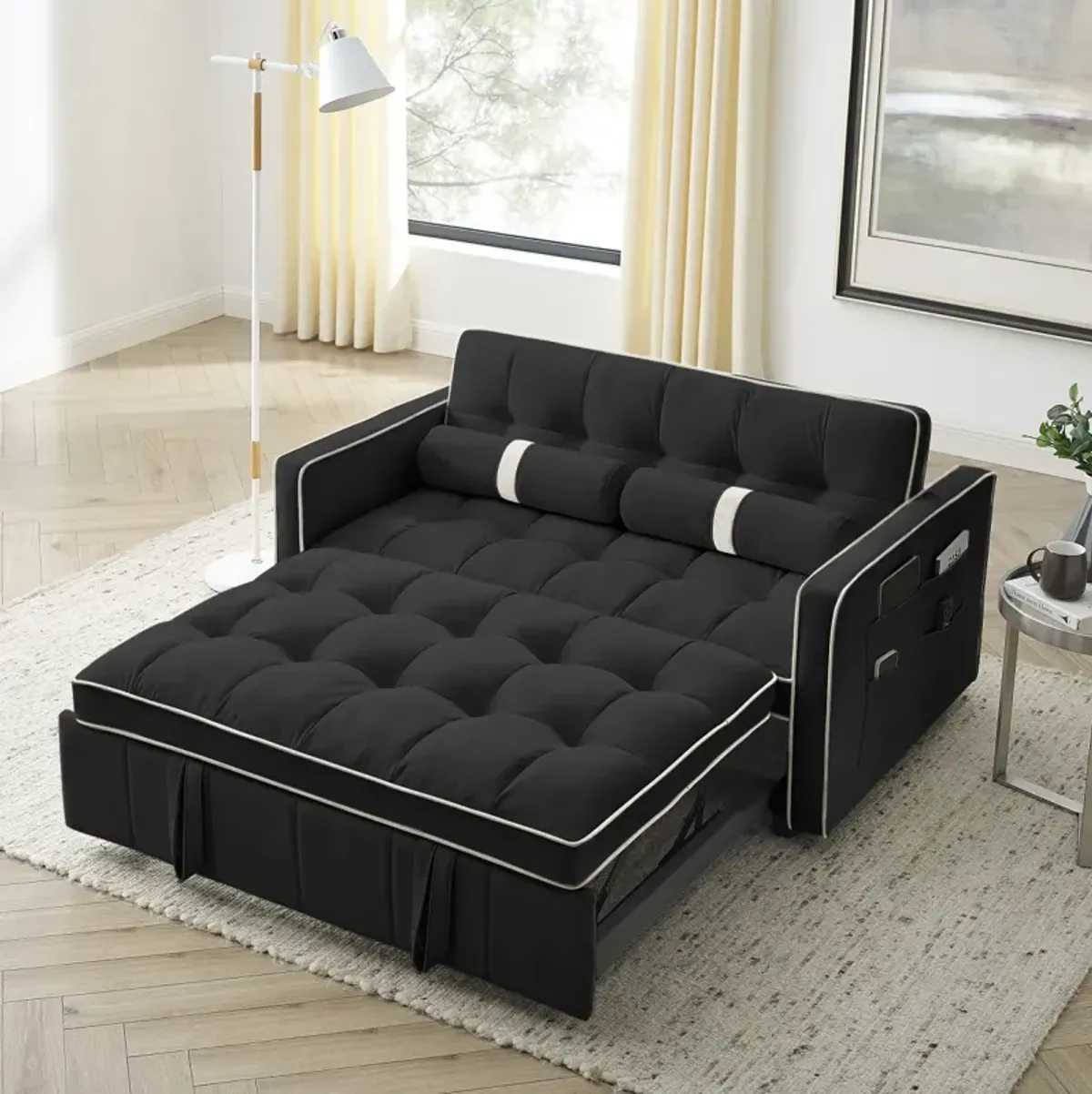 Modern 55.5" Pull Out Sleep Sofa Bed 2 Seater Loveseats Sofa Couch With Side Pockets