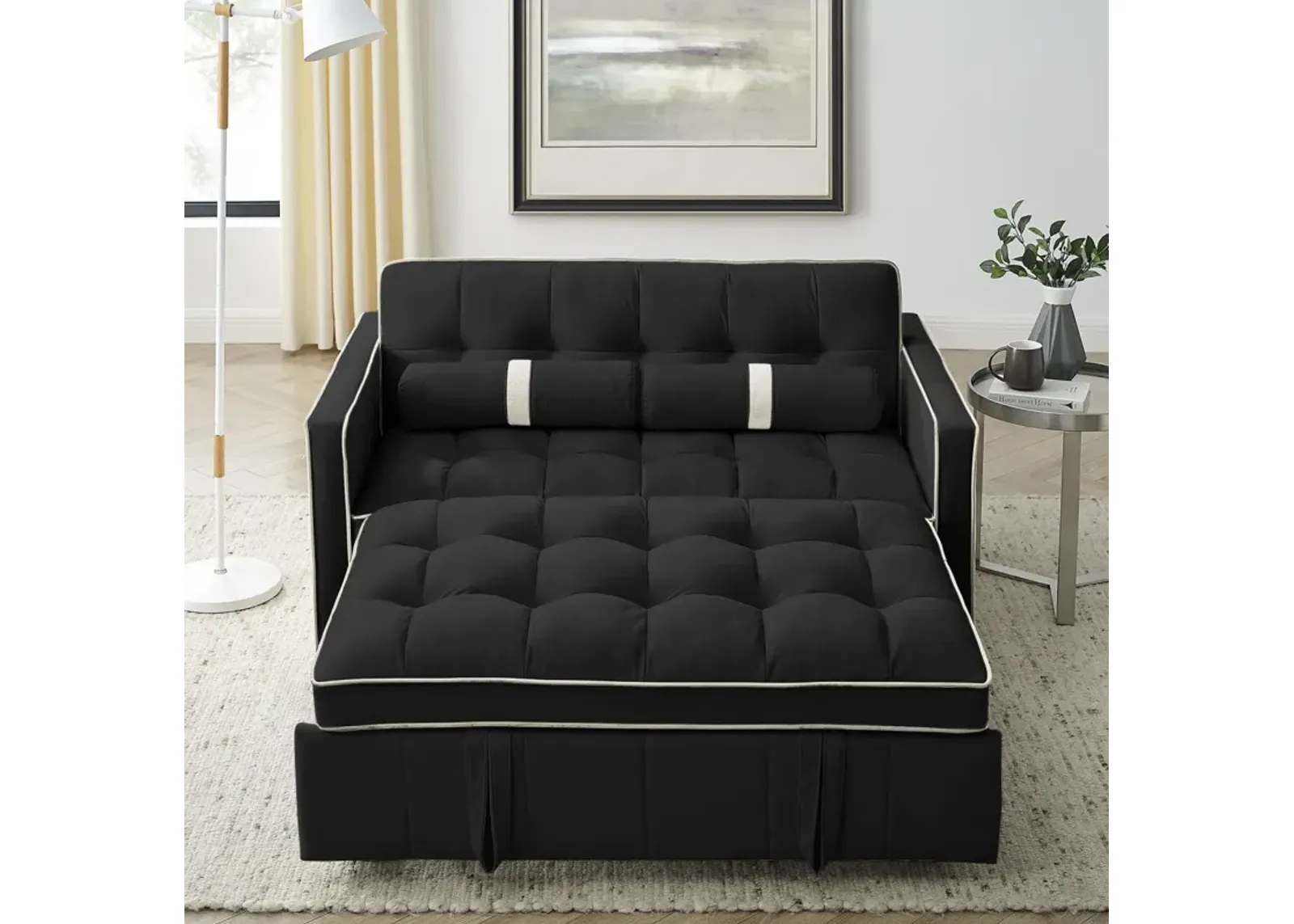 Modern 55.5" Pull Out Sleep Sofa Bed 2 Seater Loveseats Sofa Couch With Side Pockets