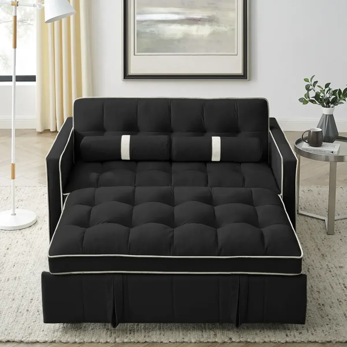 Modern 55.5" Pull Out Sleep Sofa Bed 2 Seater Loveseats Sofa Couch With Side Pockets