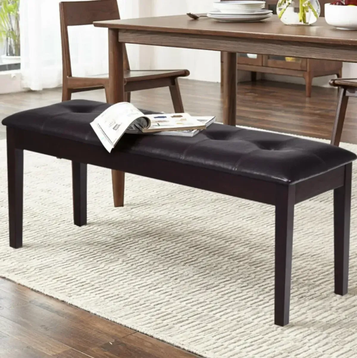 Hivvago Upholstered Dining Room PU Bench Solid Wood Button Tufted