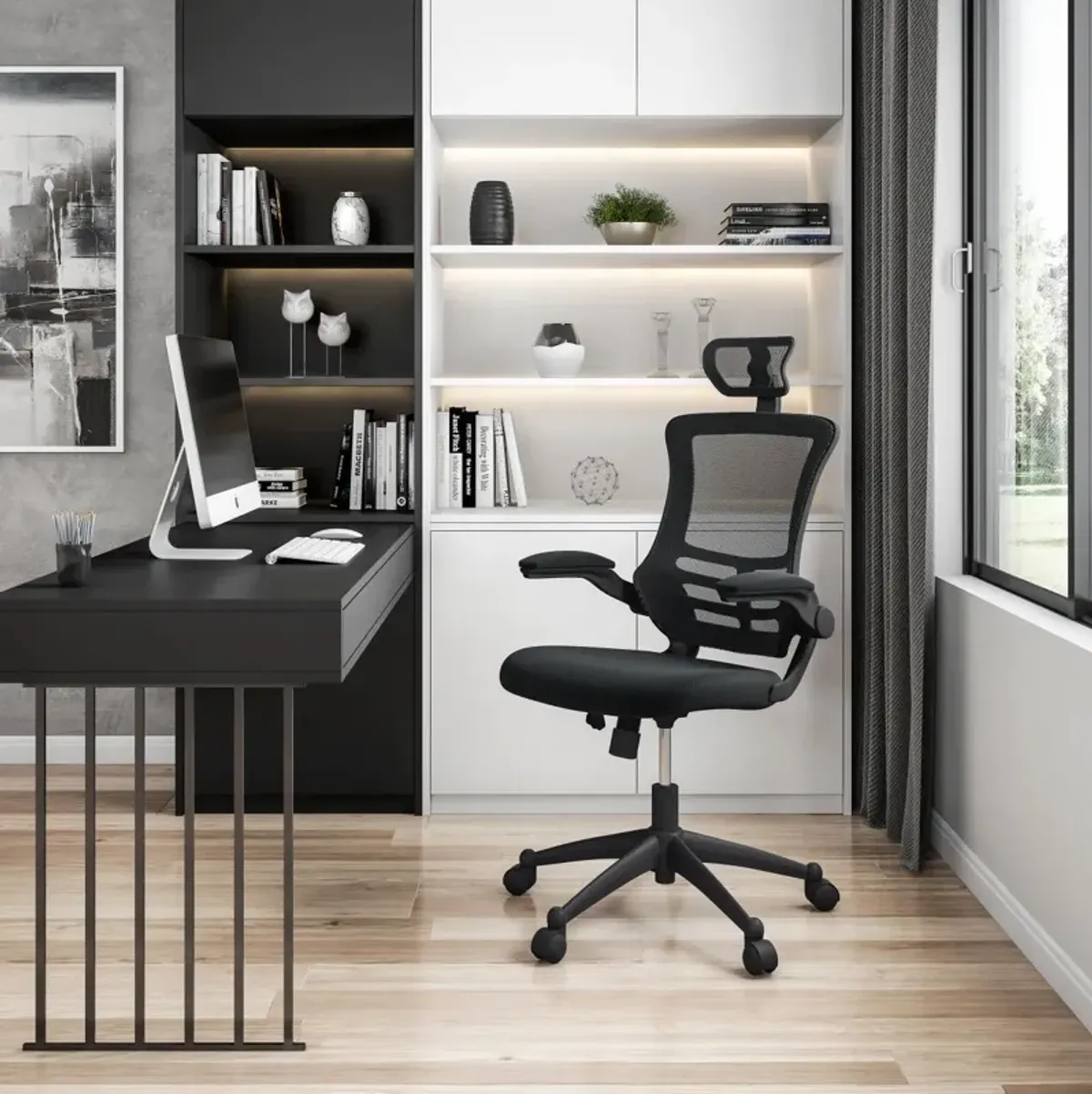 Modern High-Back Mesh Executive Office Chair With Headrest And Flip-Up Arms