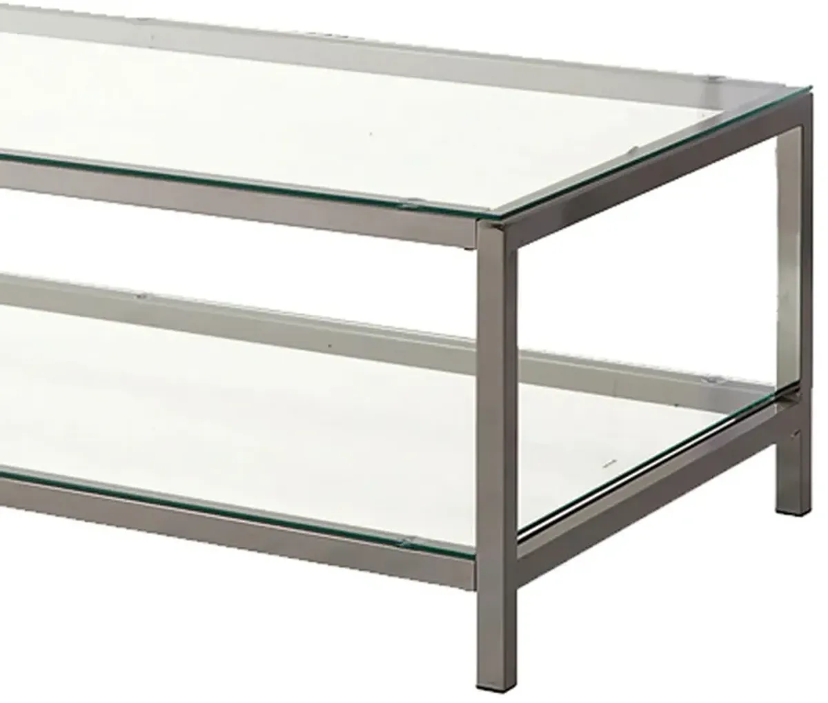 Glass Top Coffee Table with Metal Frame and Open Shelf, Silver-Benzara