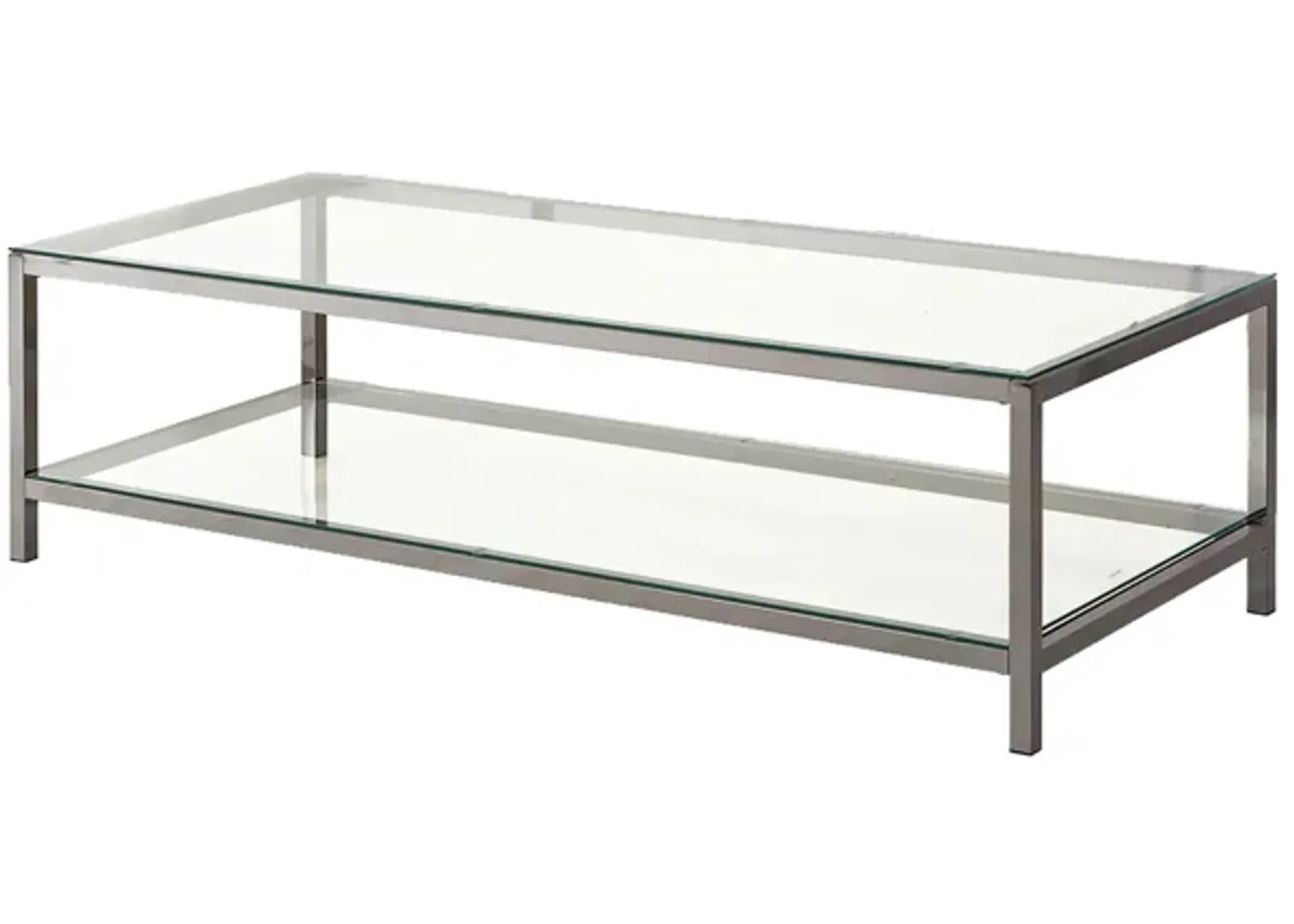 Glass Top Coffee Table with Metal Frame and Open Shelf, Silver-Benzara