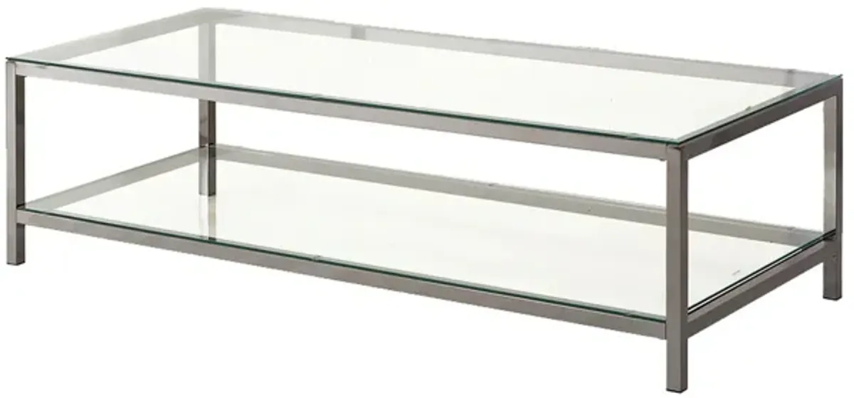 Glass Top Coffee Table with Metal Frame and Open Shelf, Silver-Benzara