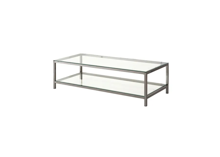 Glass Top Coffee Table with Metal Frame and Open Shelf, Silver-Benzara