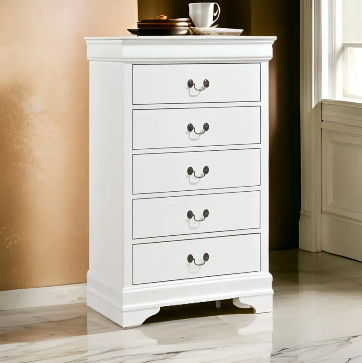 Vele 49 Inch Tall Dresser Chest, 5 Drawers, Brass Tone Metal, White Wood - Benzara