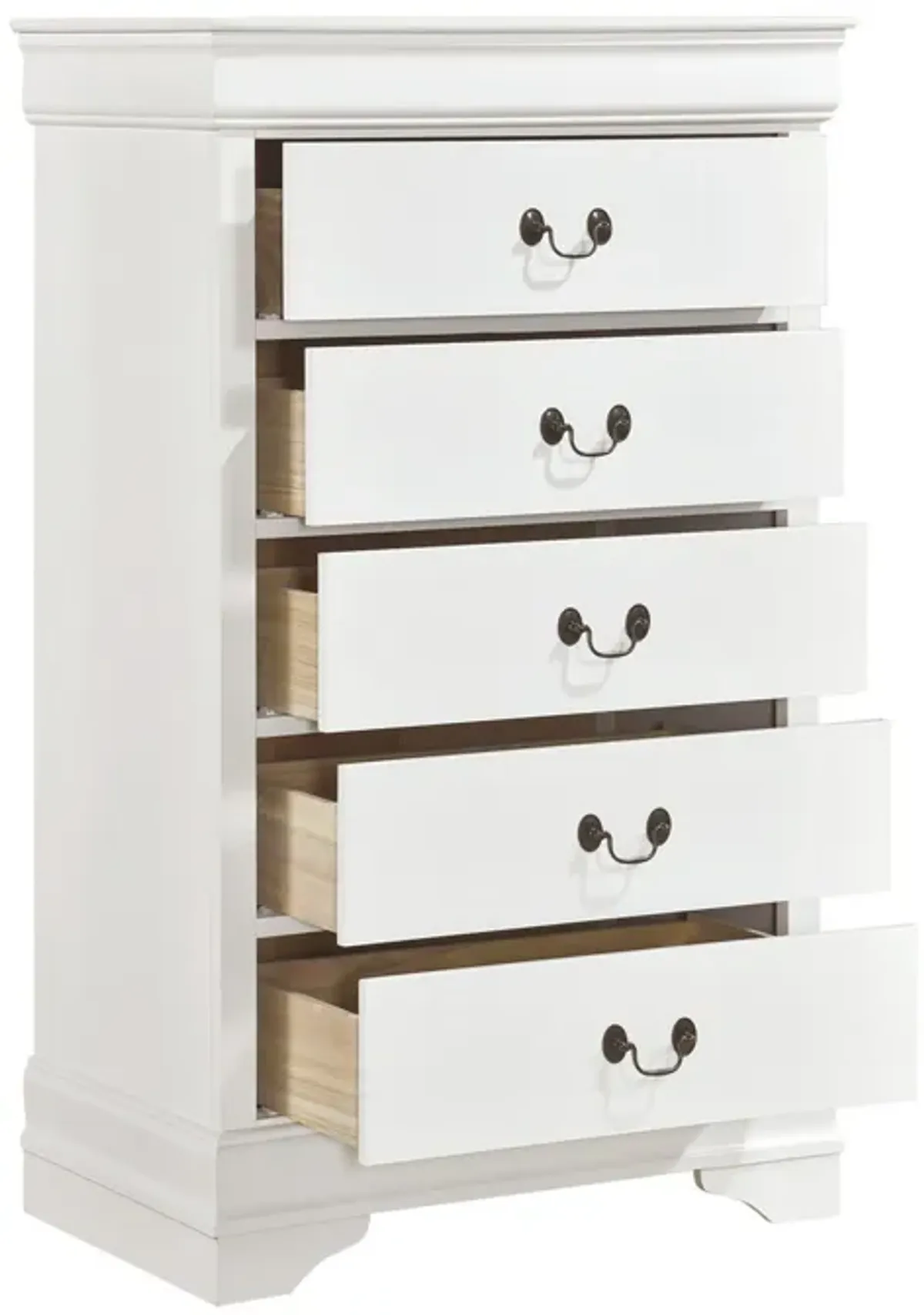 Vele 49 Inch Tall Dresser Chest, 5 Drawers, Brass Tone Metal, White Wood - Benzara