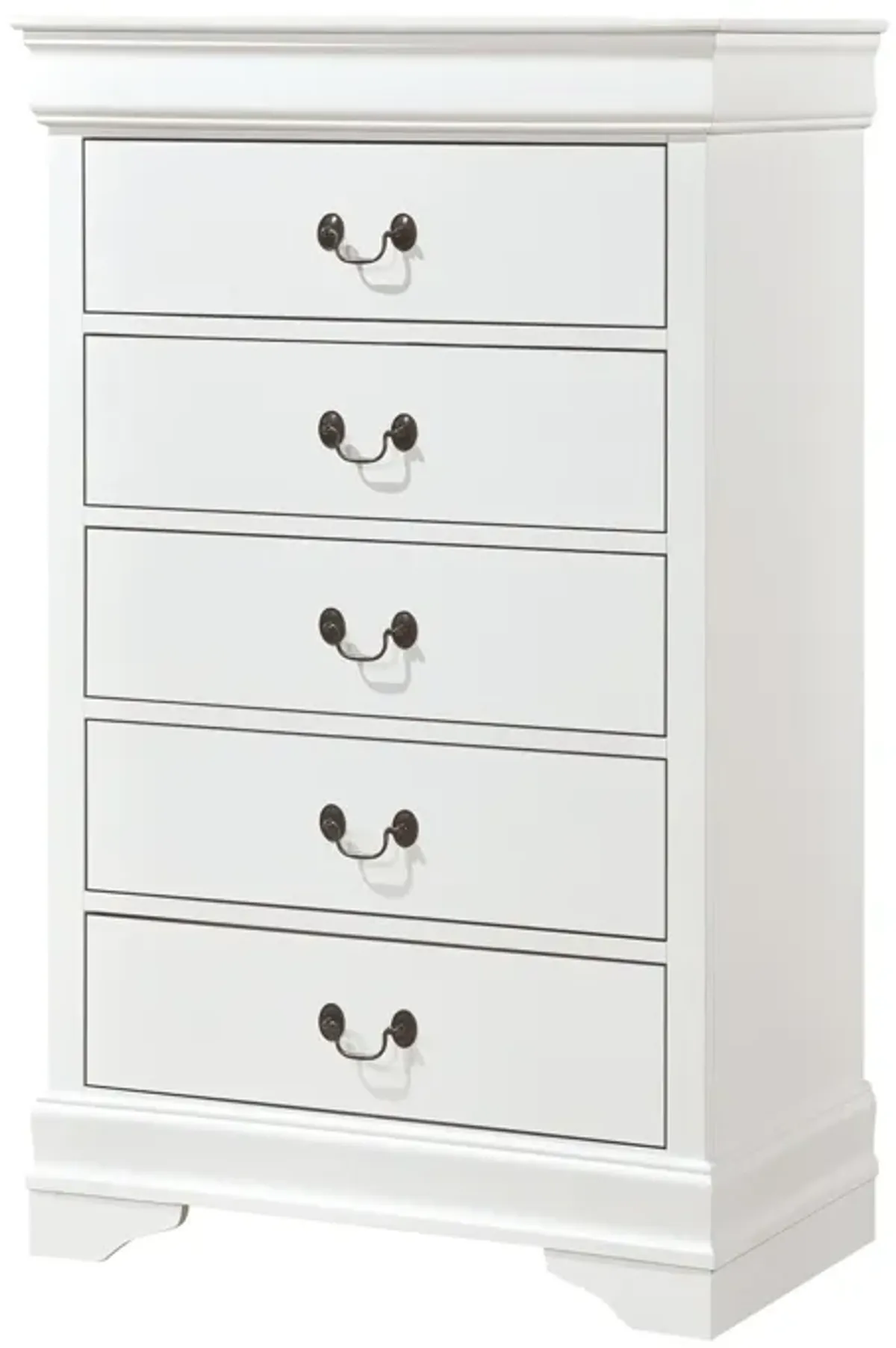 Vele 49 Inch Tall Dresser Chest, 5 Drawers, Brass Tone Metal, White Wood - Benzara