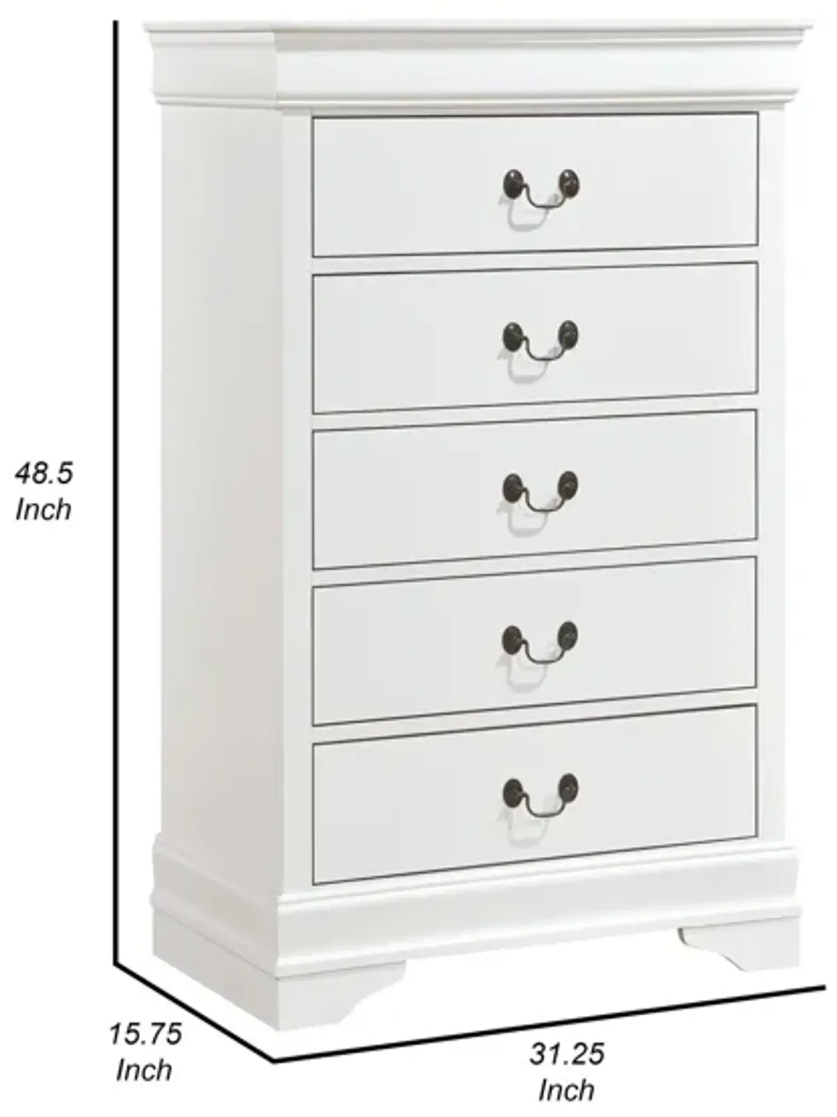 Vele 49 Inch Tall Dresser Chest, 5 Drawers, Brass Tone Metal, White Wood - Benzara