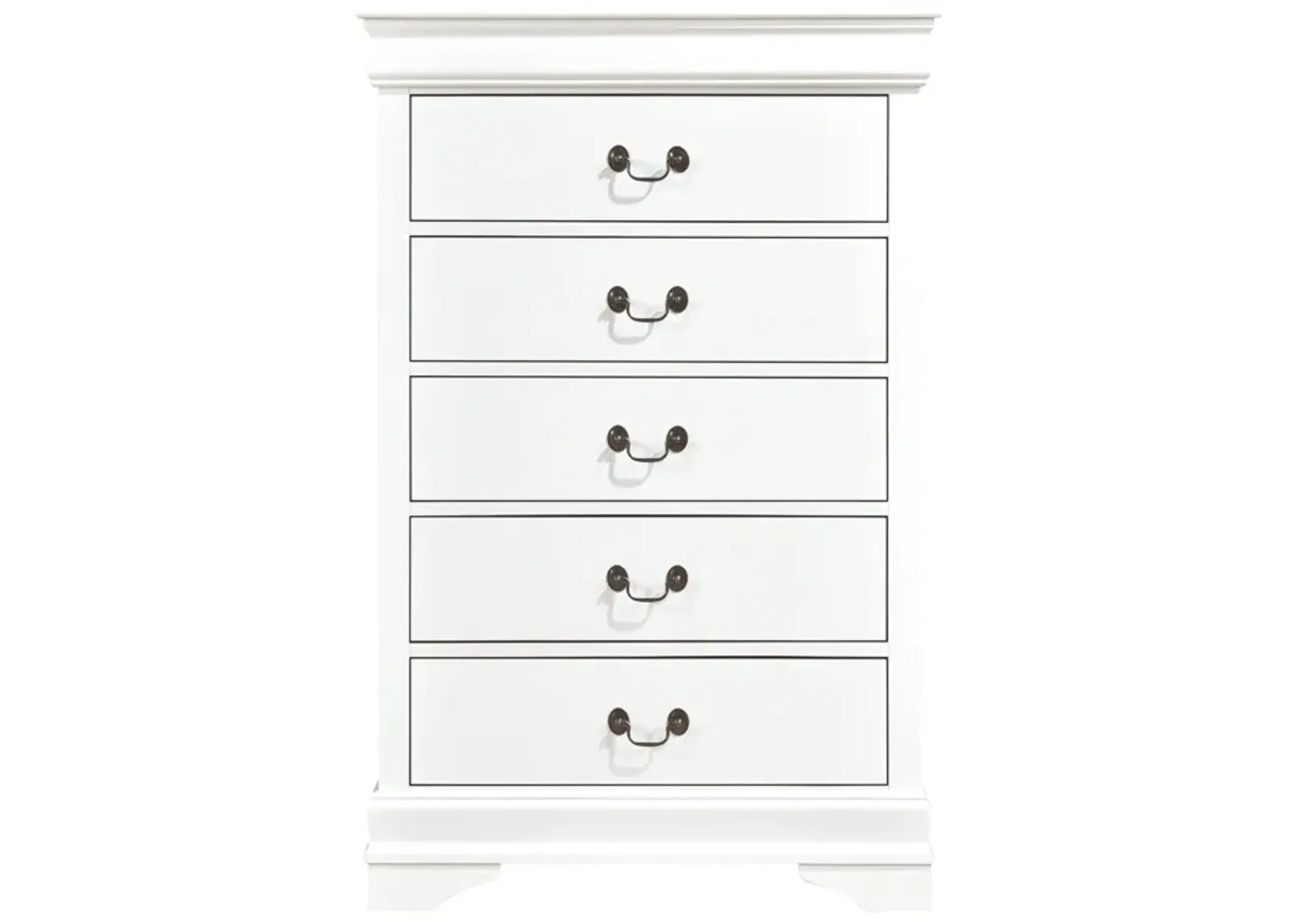 Vele 49 Inch Tall Dresser Chest, 5 Drawers, Brass Tone Metal, White Wood - Benzara