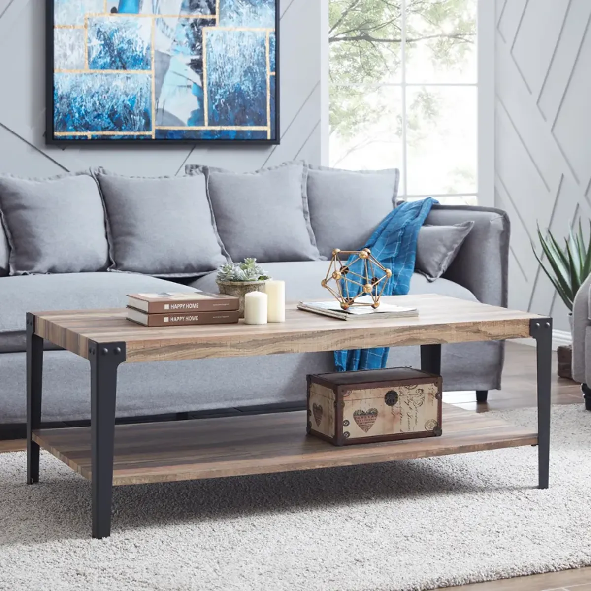 Modern Industrial Coffee Table in Distressed Wood Finish with Metal