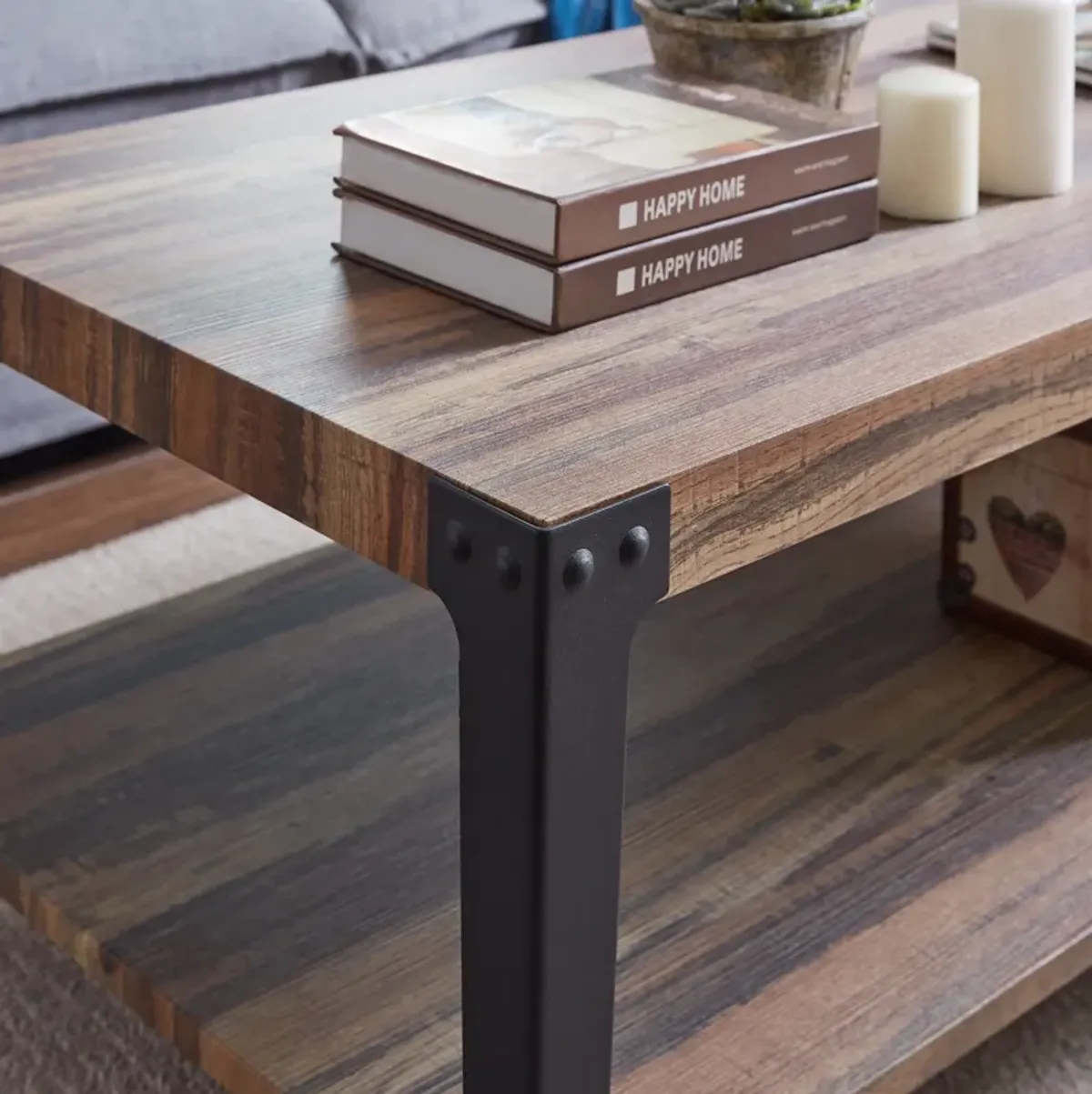 Modern Industrial Coffee Table in Distressed Wood Finish with Metal