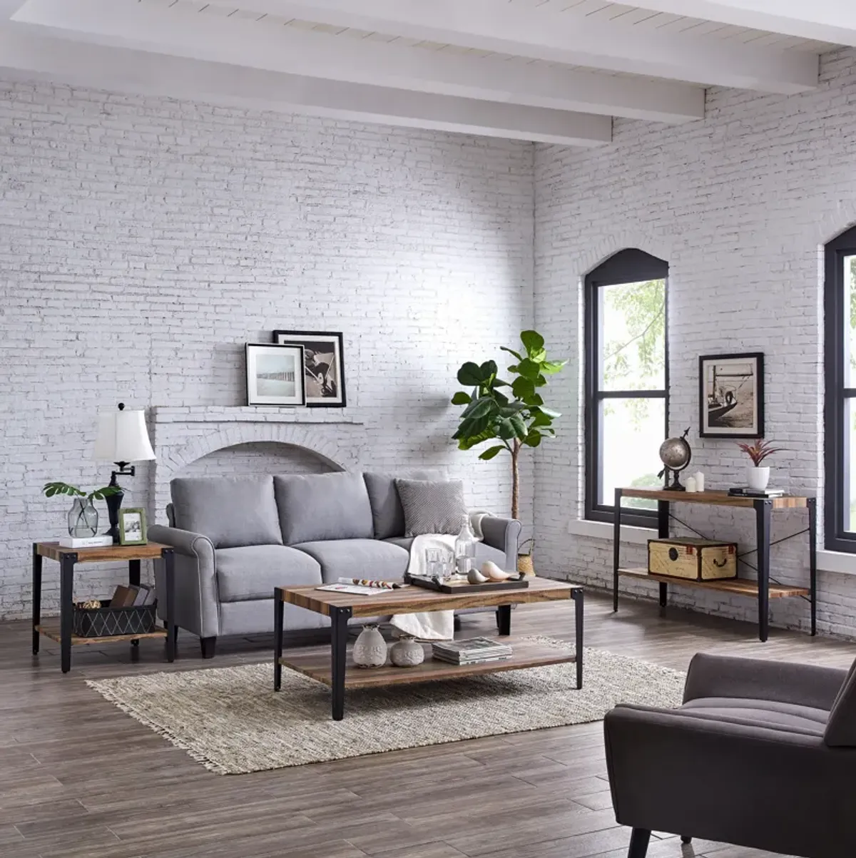 Modern Industrial Coffee Table in Distressed Wood Finish with Metal