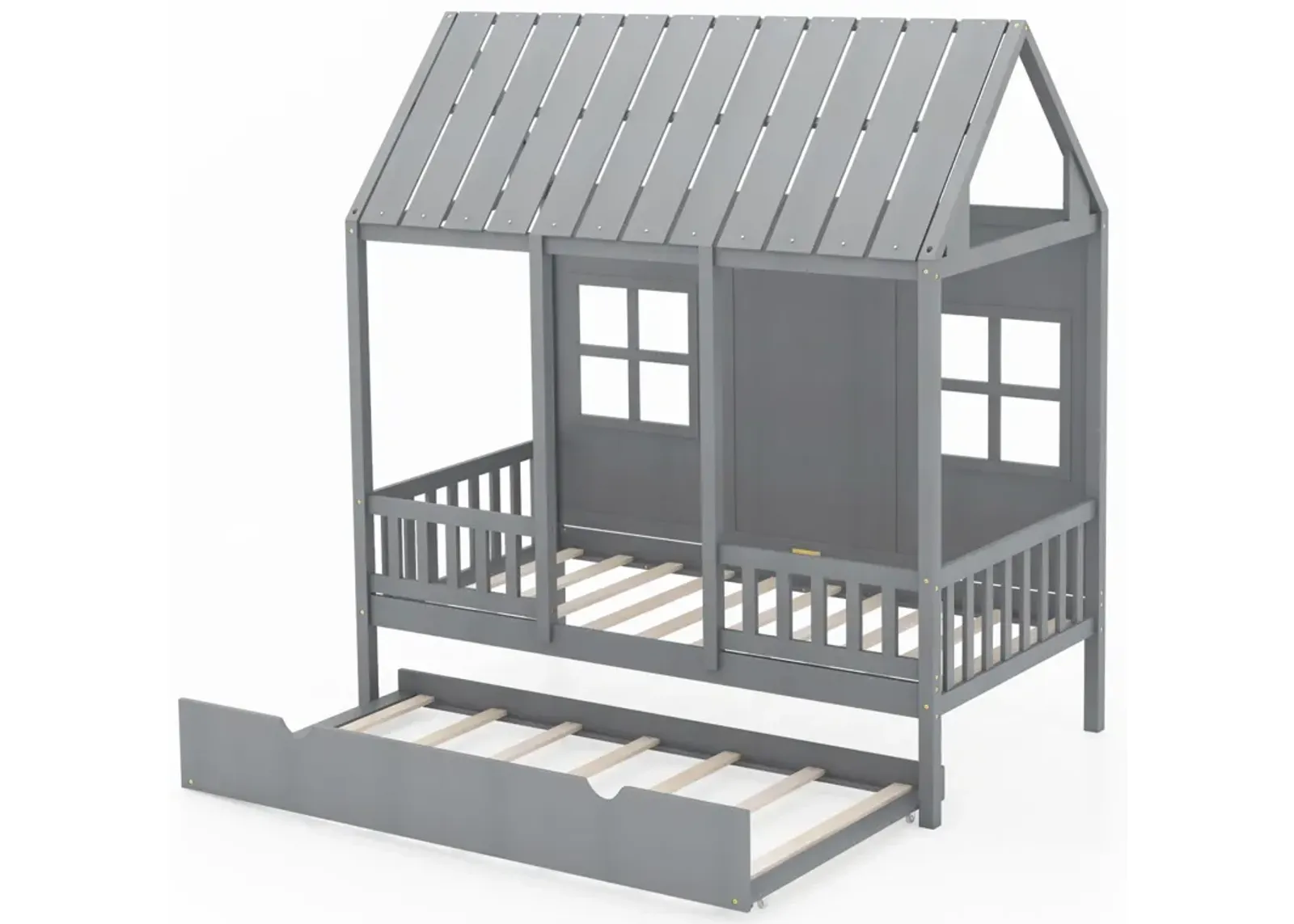 Twin Size Bed Frame House Bed with Trundle and 82 Inch Tall Roof