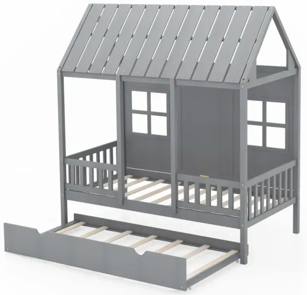 Twin Size Bed Frame House Bed with Trundle and 82 Inch Tall Roof