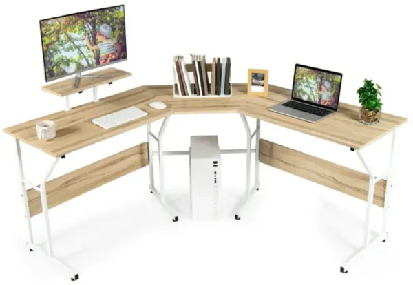 L Shaped Reversible Computer Desk Table with Monitor Stand