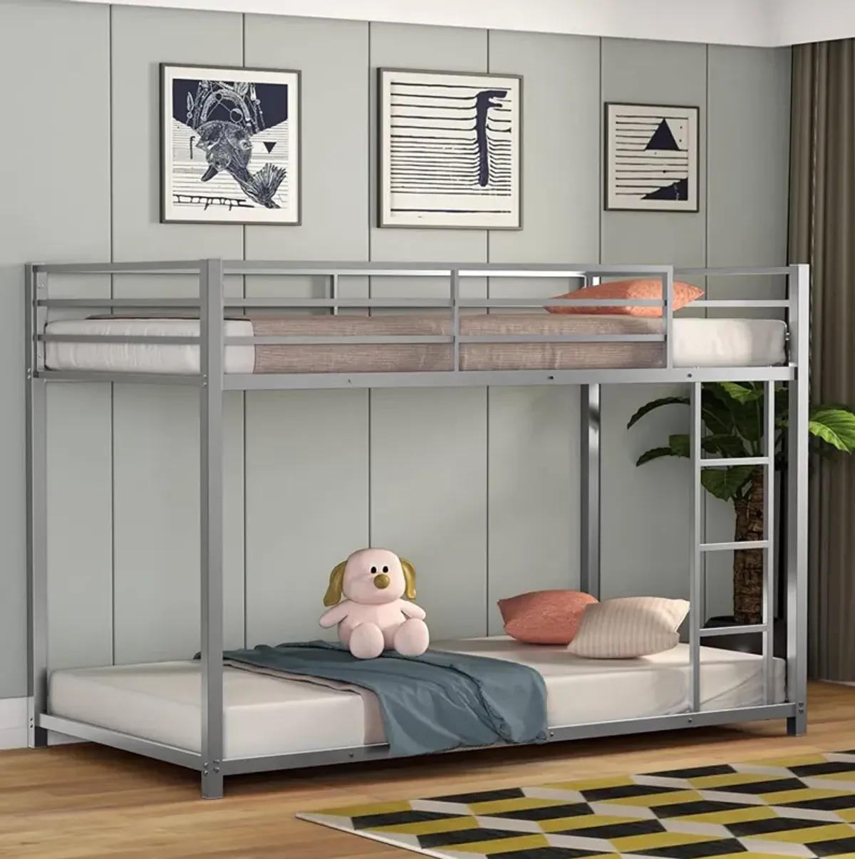 QuikFurn Twin over Twin Low Profile Modern Bunk Bed in Silver Metal Finish