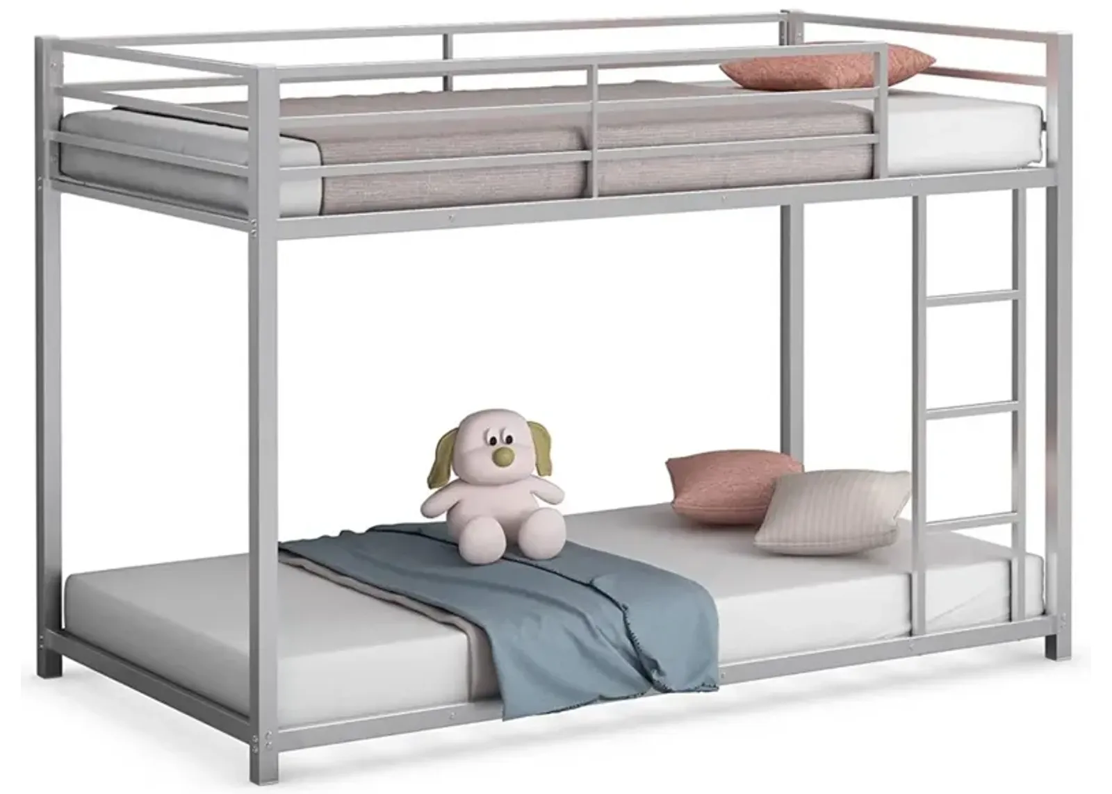 QuikFurn Twin over Twin Low Profile Modern Bunk Bed in Silver Metal Finish