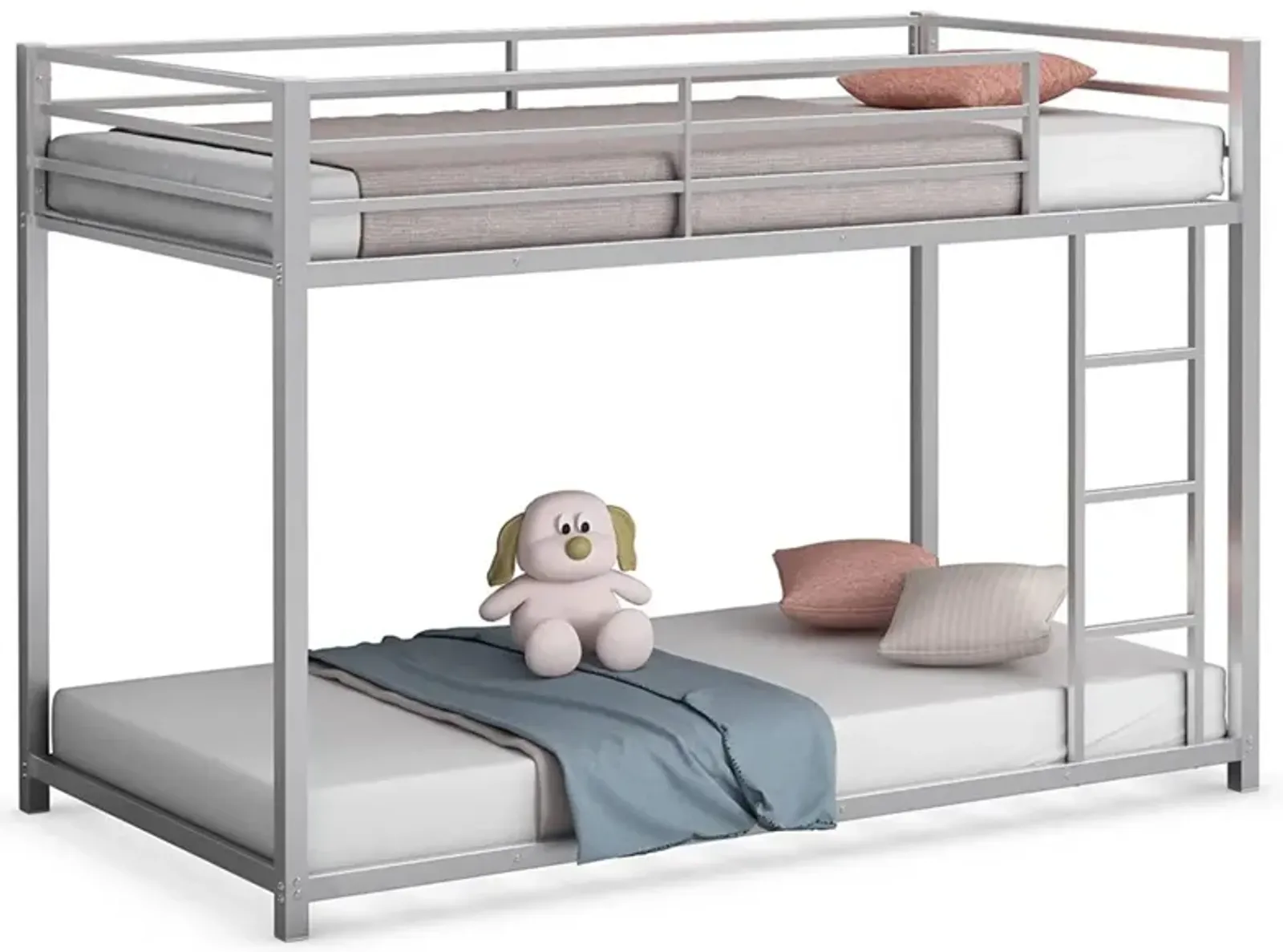 QuikFurn Twin over Twin Low Profile Modern Bunk Bed in Silver Metal Finish