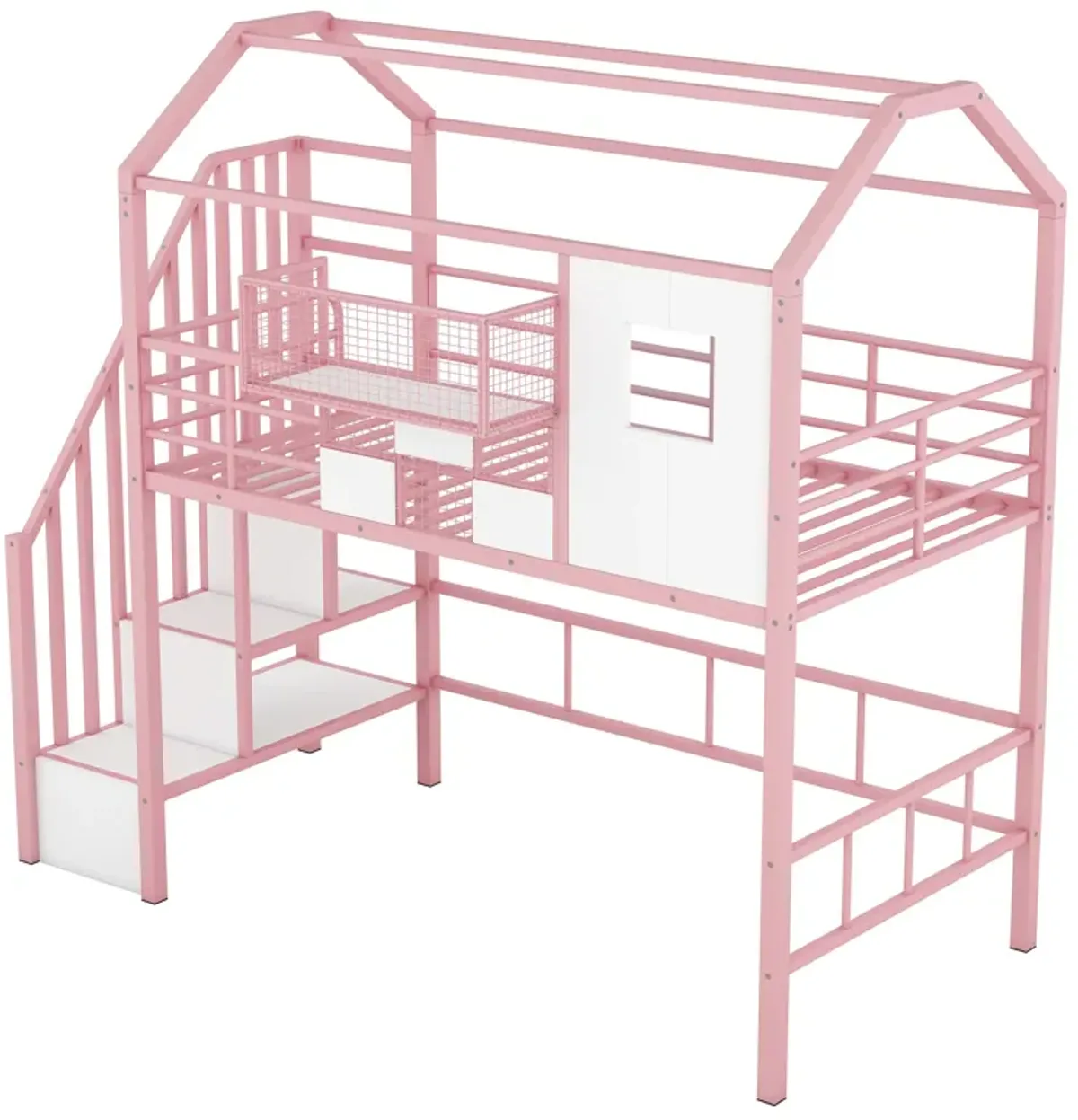 Merax Metal Loft Bed with Roof and A Storage Box