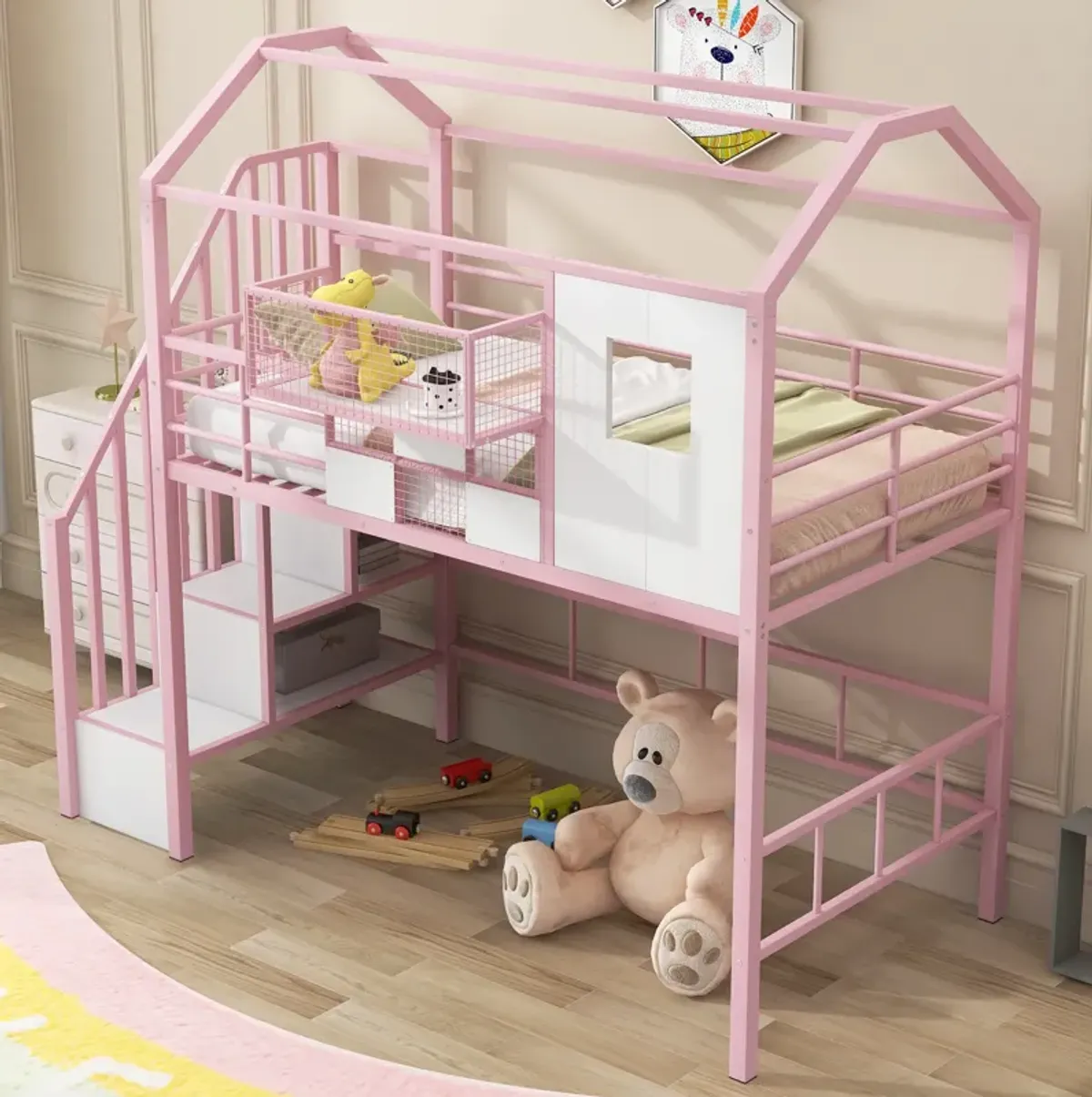 Merax Metal Loft Bed with Roof and A Storage Box