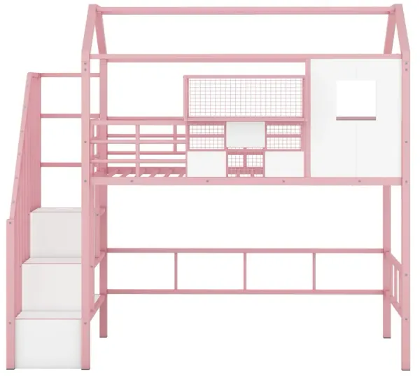 Merax Metal Loft Bed with Roof and A Storage Box